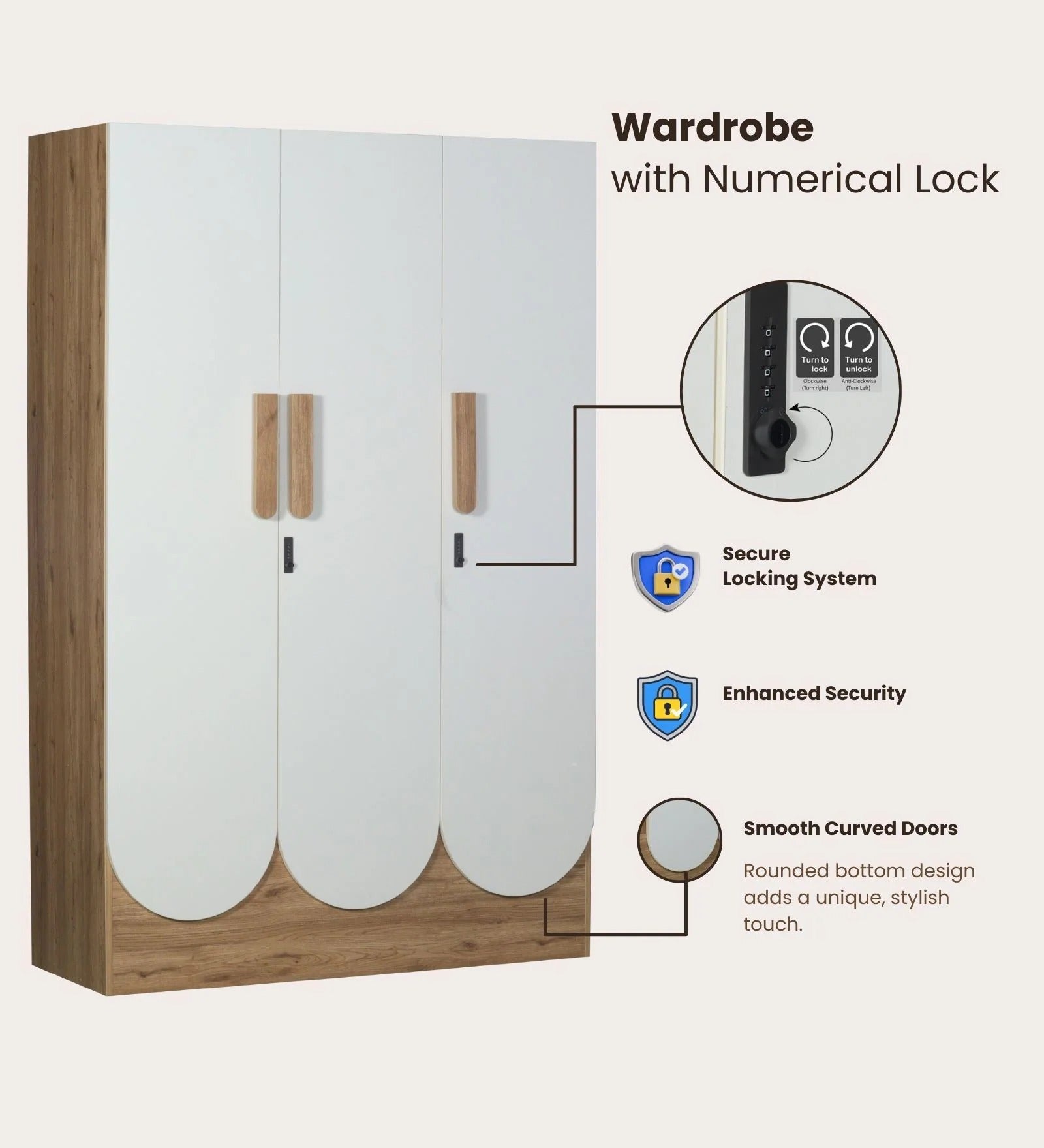 Opera 3 Door Wardrobe With Hidden Storage & Digital Lock In Light Walnut & Frosty White Colour