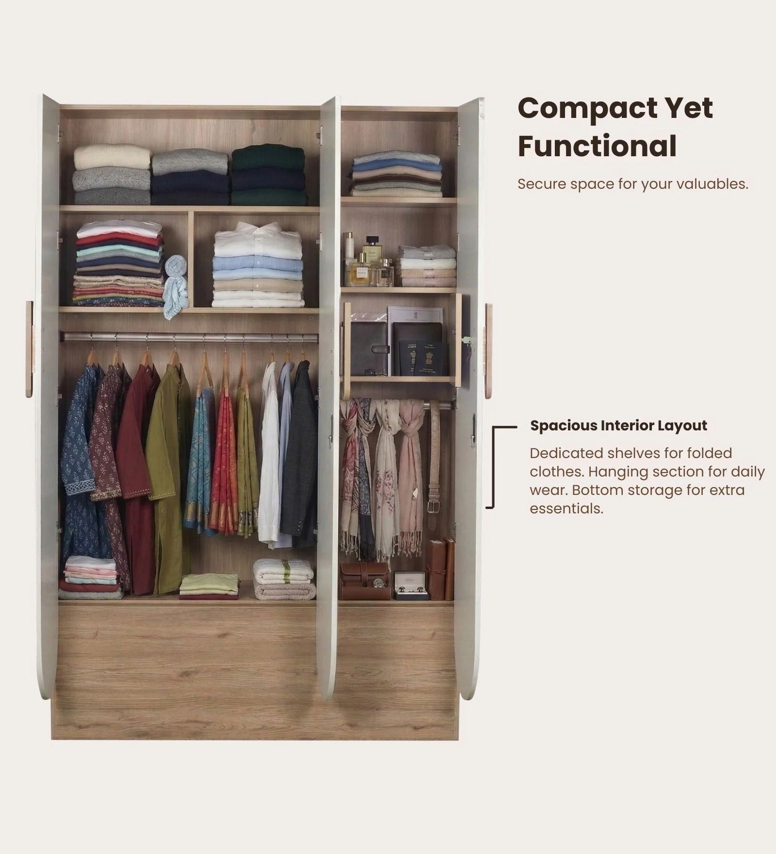 Opera 3 Door Wardrobe With Hidden Storage & Digital Lock In Light Walnut & Frosty White Colour