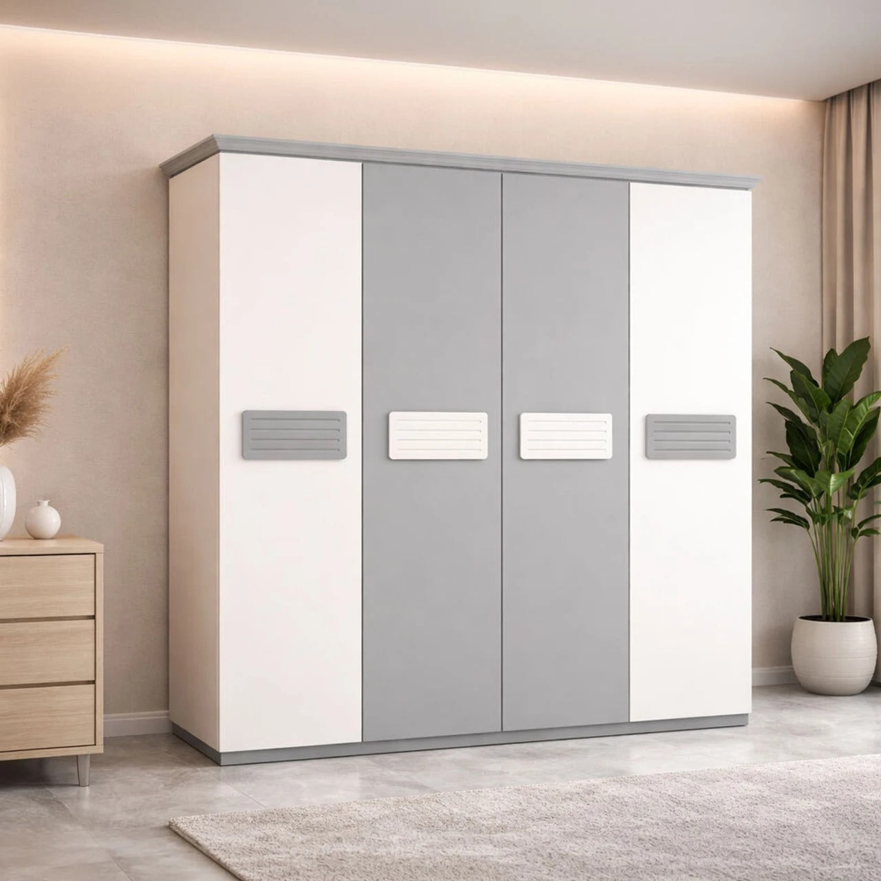 KSHOMESTOREE Engineered Wood 4 Door Wardrobe (Finish Color - White & Grey, Pre-assembled)