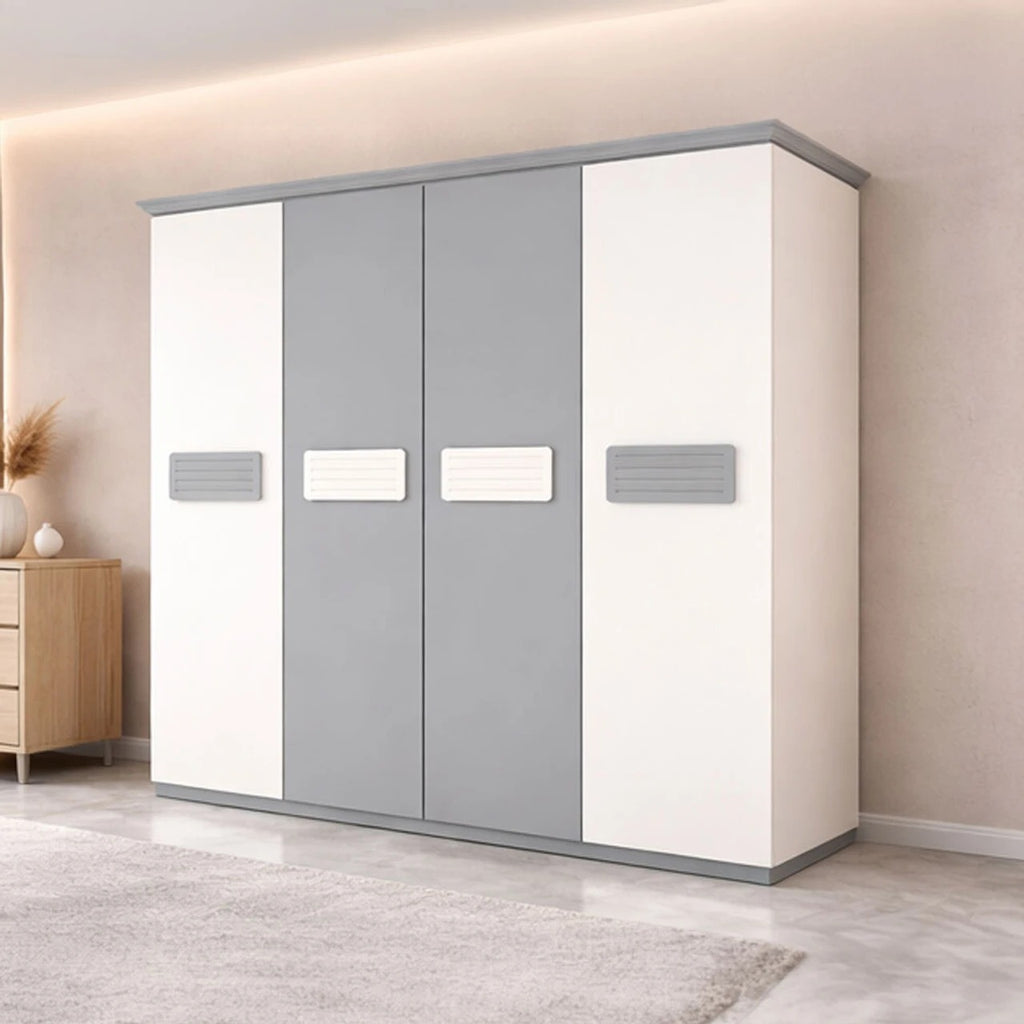 KSHOMESTOREE Engineered Wood 4 Door Wardrobe (Finish Color - White & Grey, Pre-assembled)