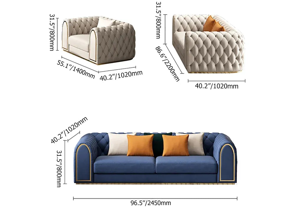 Arzo Modern Luxury Velvet Chesterfield Sofa Set