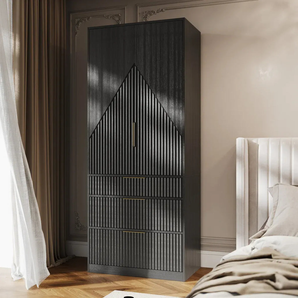Contemporary 2-Door Solid Wood Wardrobe with Large Drawers and Hidden Storage