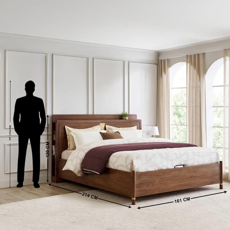 Nuqta Naaz Acacia Wood Queen Bed with Hydraulic Storage - Brown