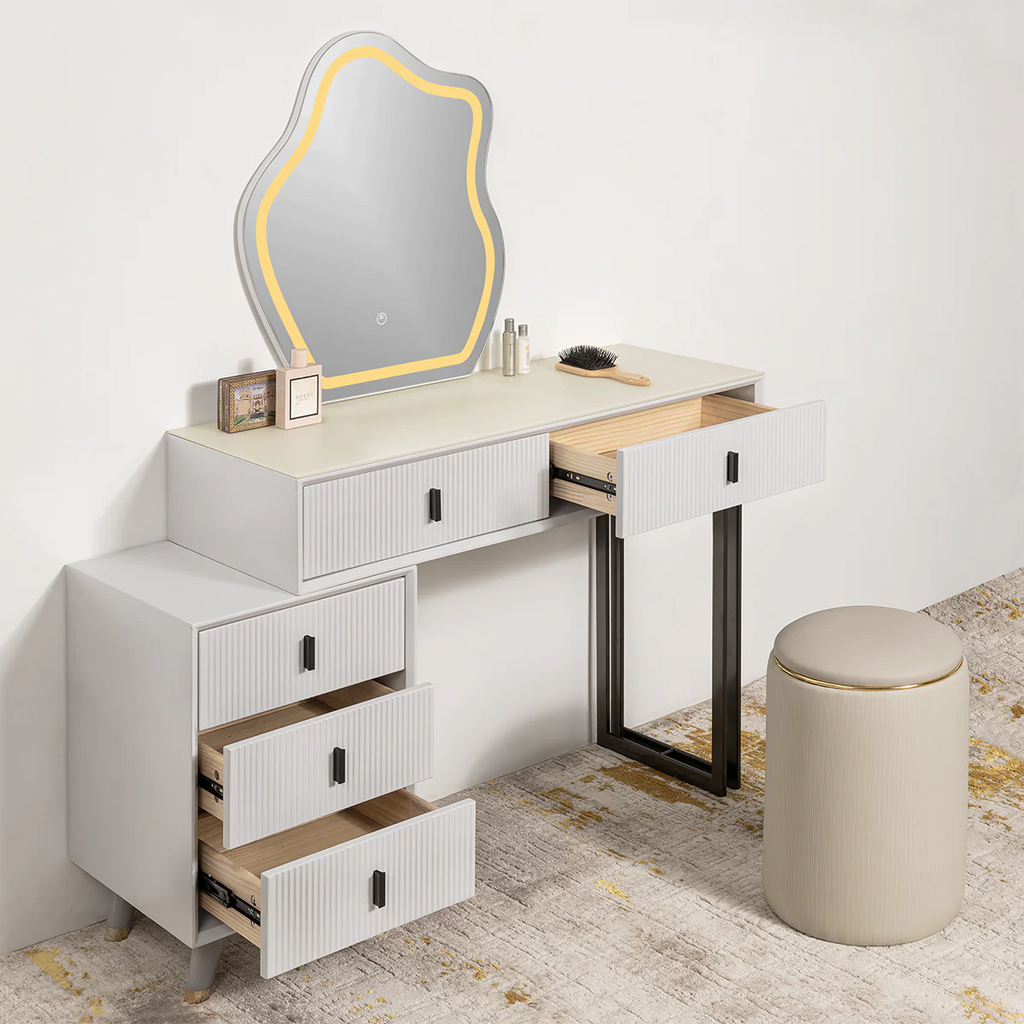 Prismatic Drift Dressing Table & Vanity Set With Mirror & Poof Chair
