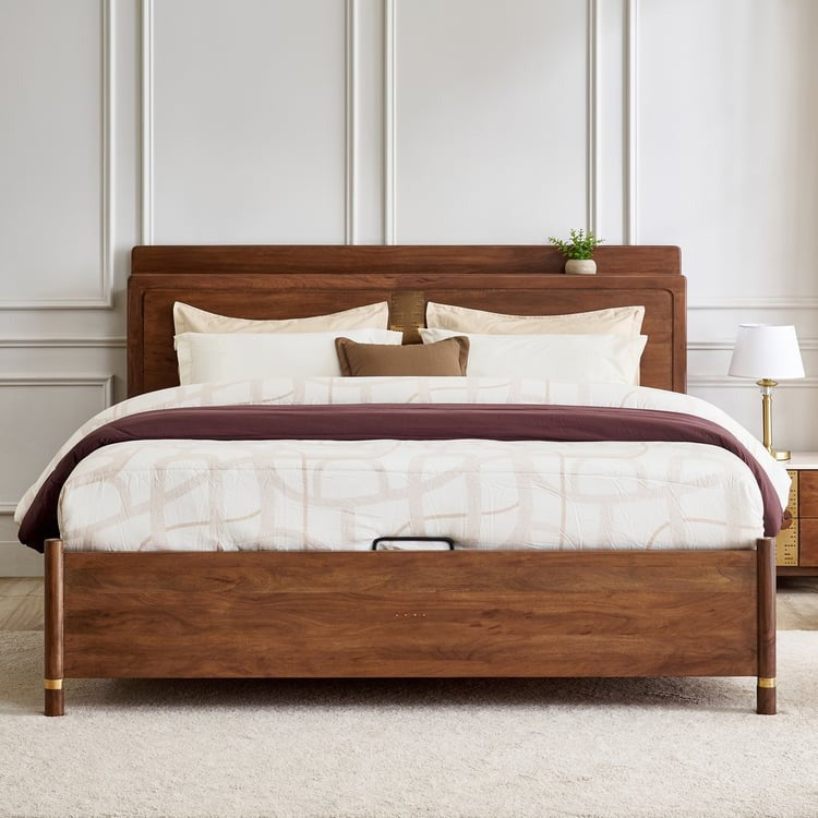 Nuqta Naaz Acacia Wood Queen Bed with Hydraulic Storage - Brown