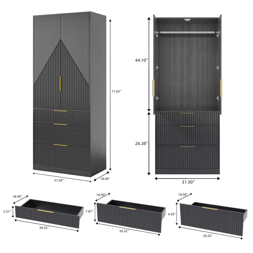 Contemporary 2-Door Solid Wood Wardrobe with Large Drawers and Hidden Storage
