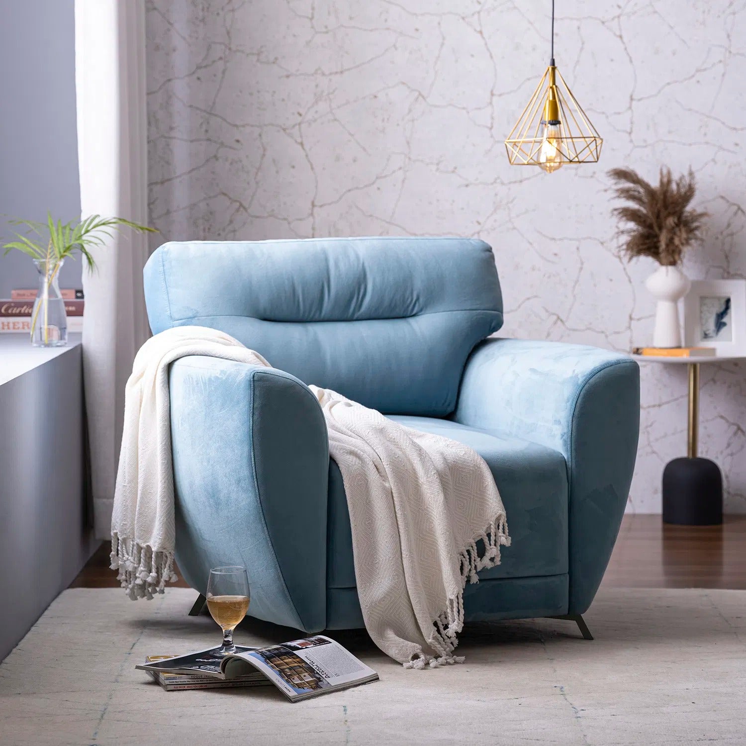Elvis Velvet 1 Seater Sofa in Mineral Blue Color