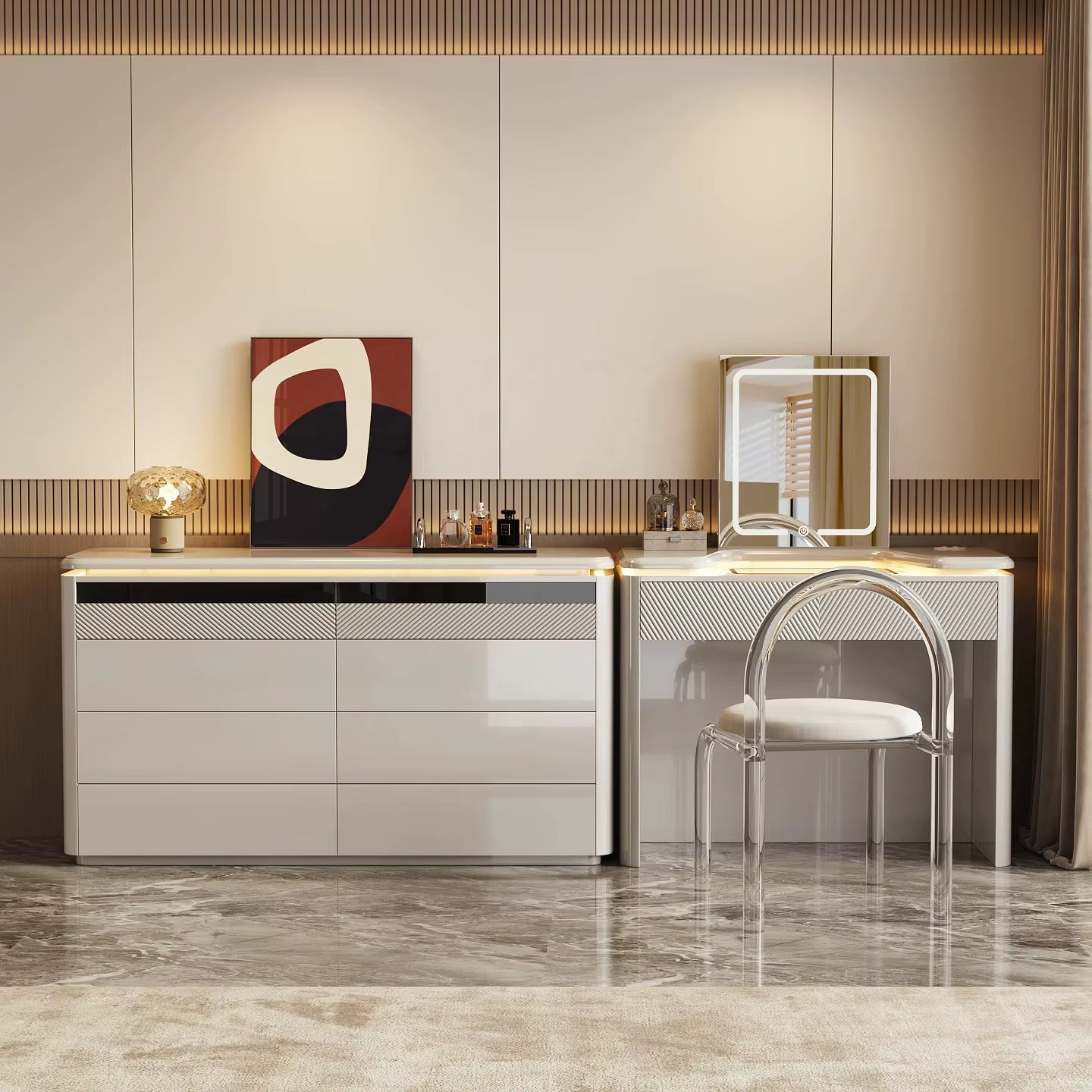 Luxurious Light Luxury and High-end Style Adjustable Dressing Table Chest Drawers Integrated Bedroom Bed Makeup Table