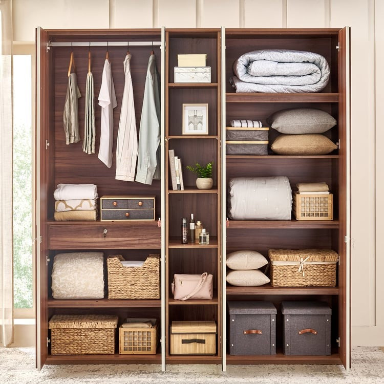 Shoji 4-Door Wardrobe with Curio and Mirrors - Brown