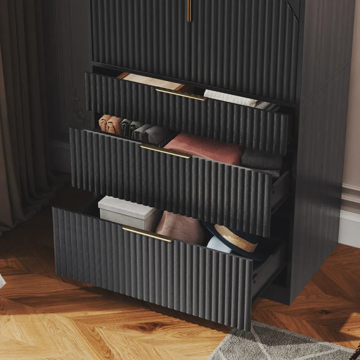Contemporary 2-Door Solid Wood Wardrobe with Large Drawers and Hidden Storage