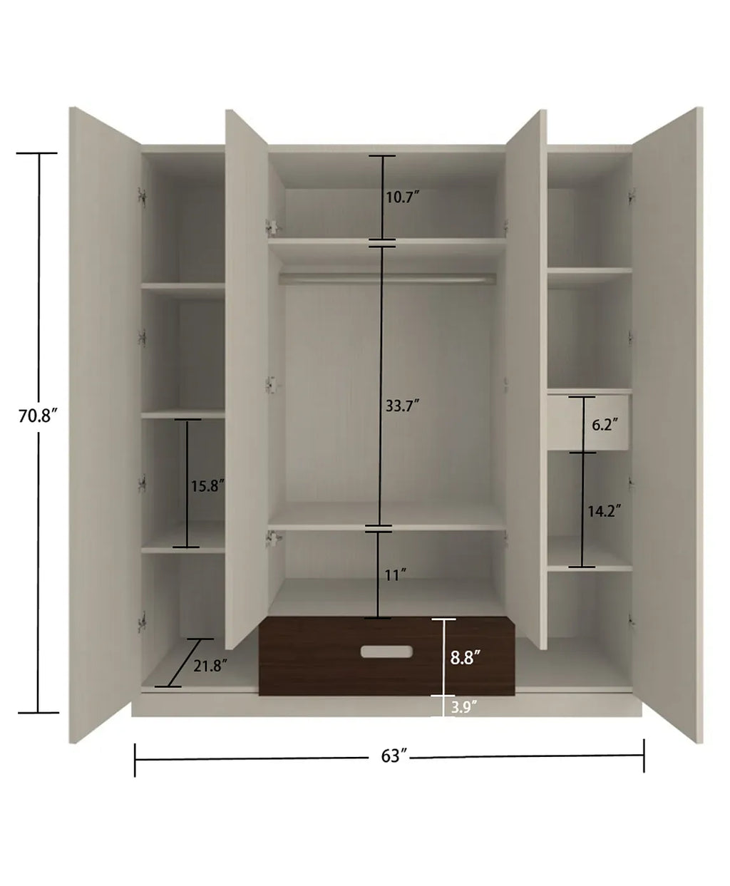 Elanza 4 Door Wardrobe With Drawer And Grooved Handles Light Wood - Coffee Walnut