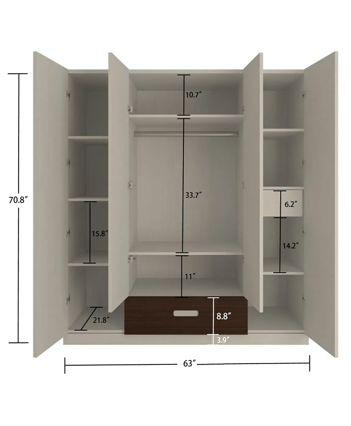 Elanza 4 Door Wardrobe With Drawer And Grooved Handles Light Wood - Coffee Walnut
