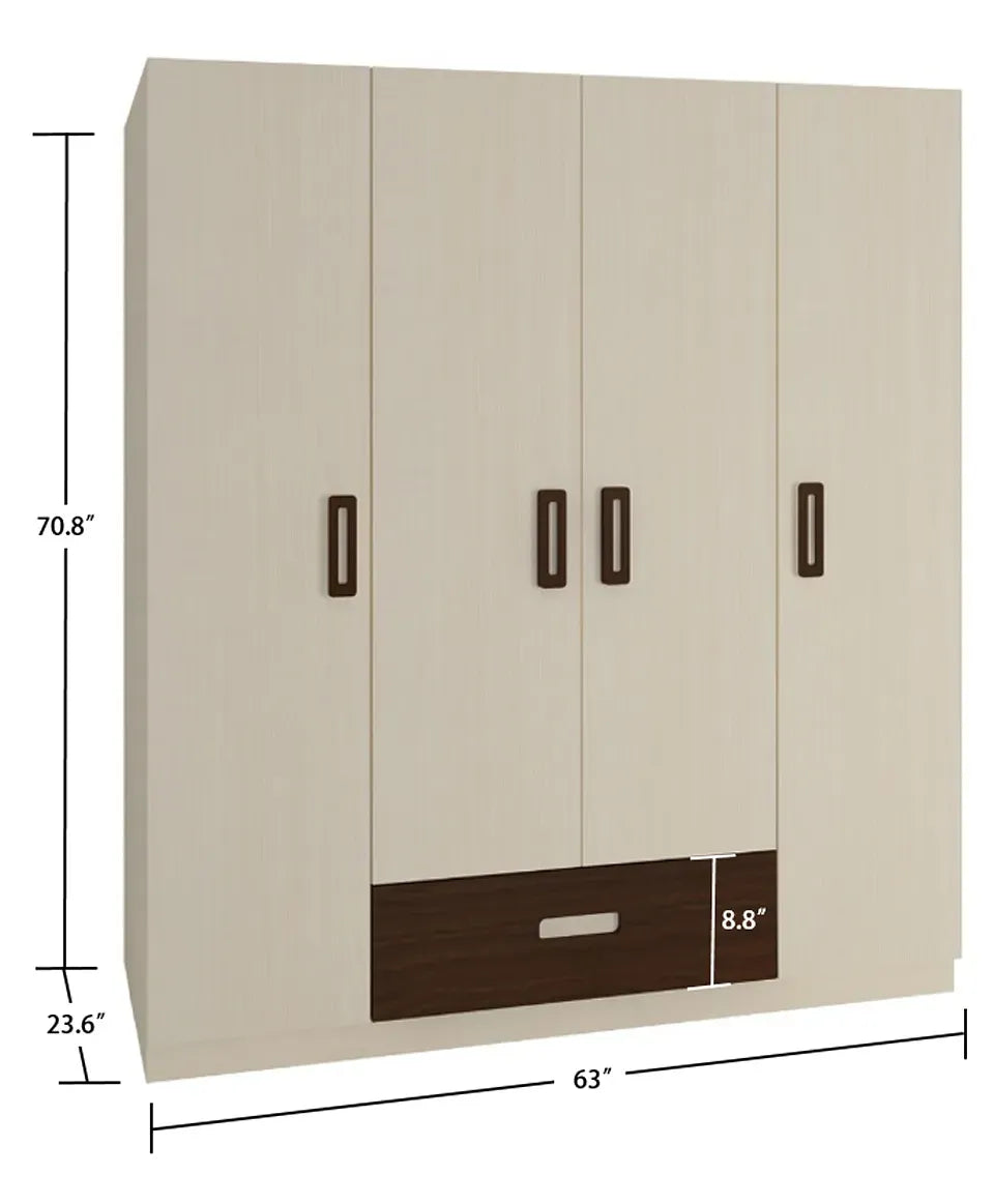 Elanza 4 Door Wardrobe With Drawer And Grooved Handles Light Wood - Coffee Walnut
