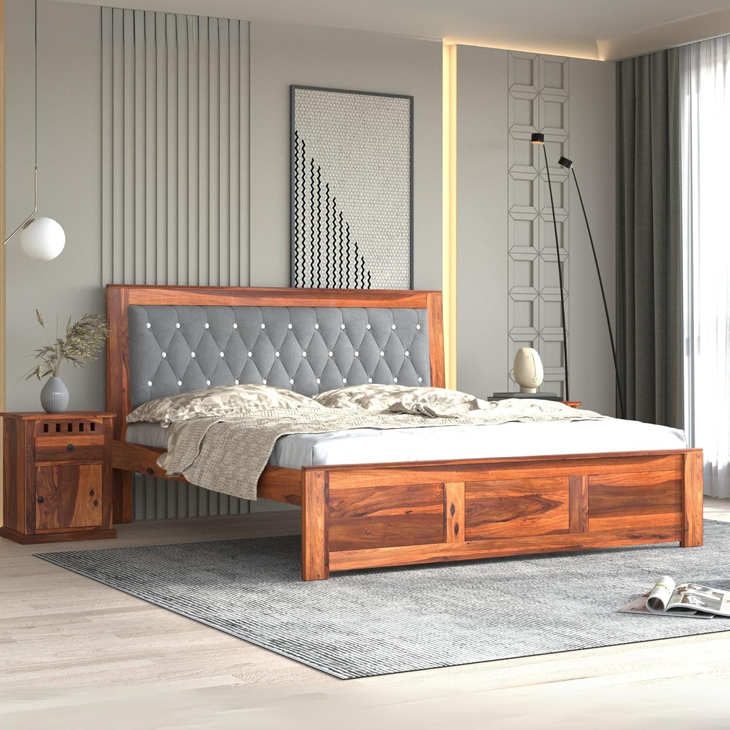 Arthur Wooden Double Bed Without Storage Sheesham solid Wood Bed, Walnut